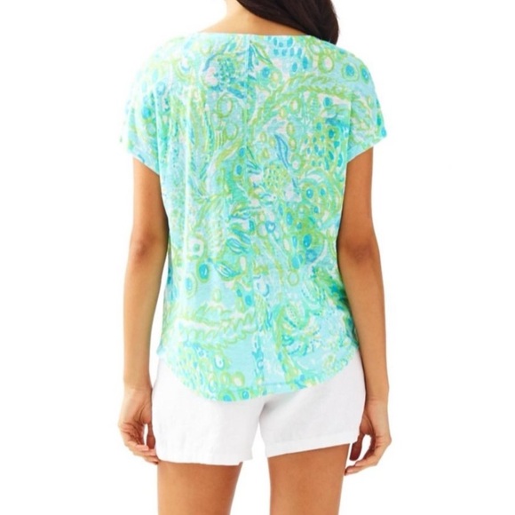 Lilly Pulitzer Duval Notch Neckline Linen Top - Pool Blue Any Fins Possible - Picture 2 of 4